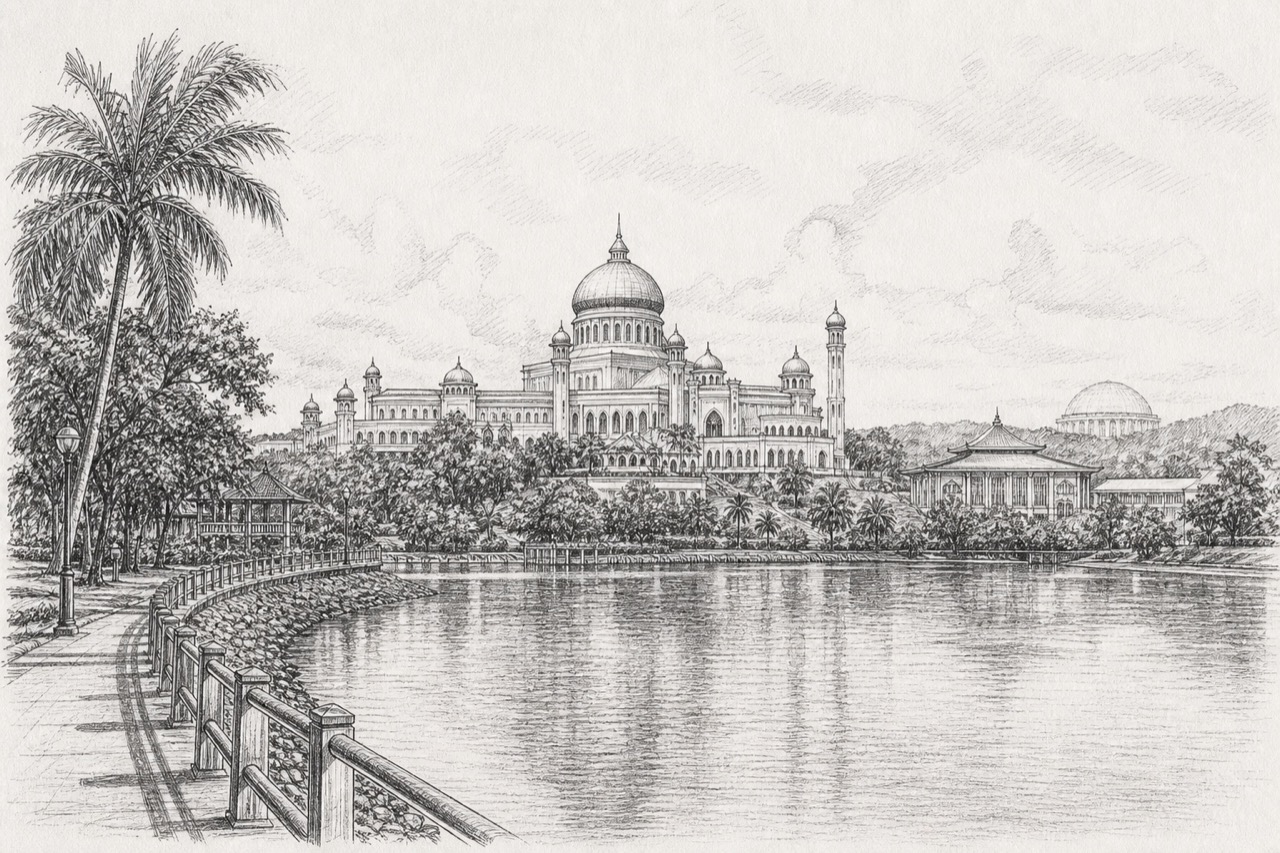 Hand-drawn pencil travel sketch for Bandar Seri Begawan, Brunei