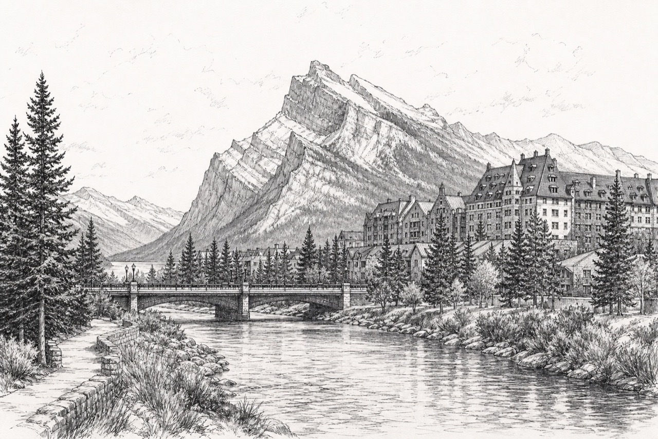 Hand-drawn pencil travel sketch for Banff, Canada