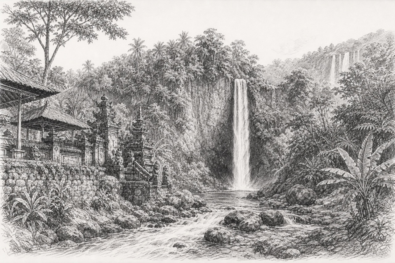 Hand-drawn pencil travel sketch for Banjar Padangbulia, Indonesia
