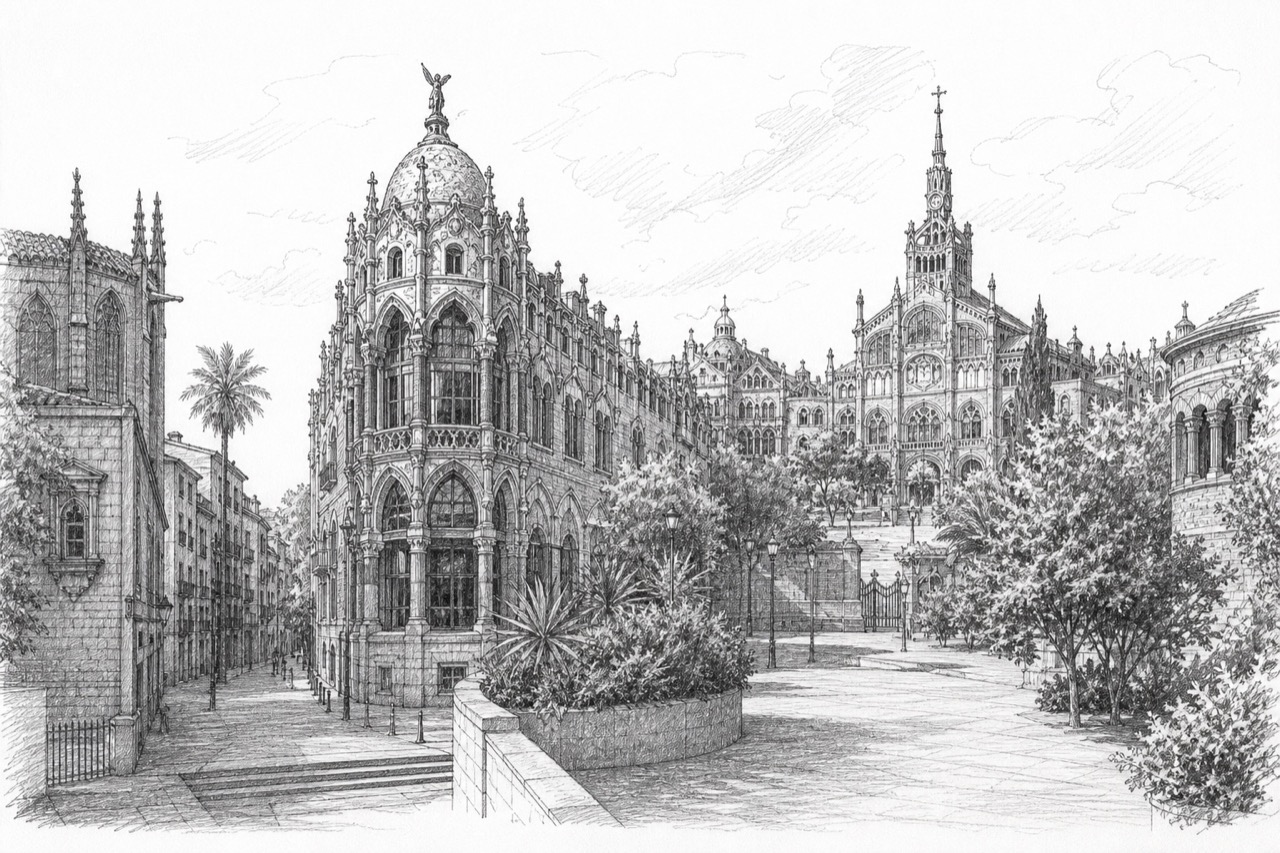 Hand-drawn pencil travel sketch for Barri Gòtic, Spain