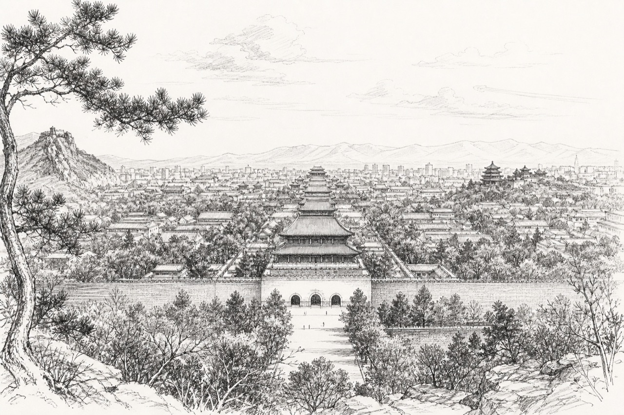 Hand-drawn pencil travel sketch for Beijing, China