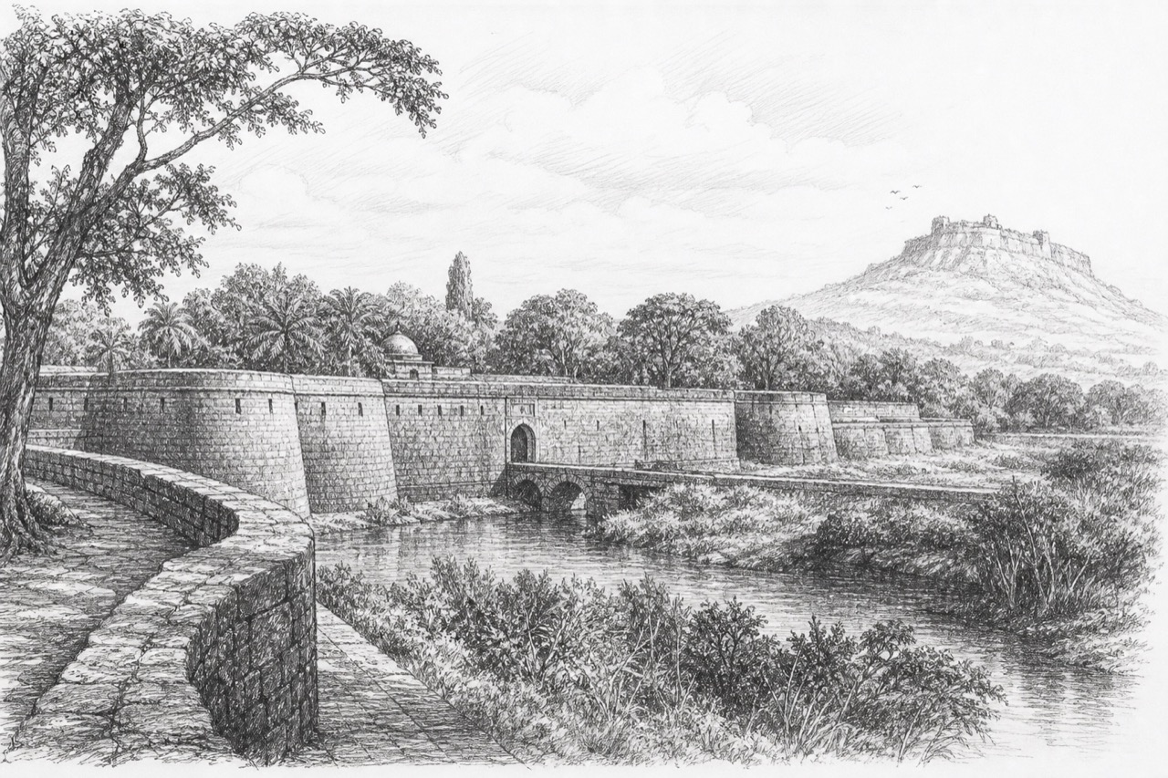 Hand-drawn pencil travel sketch for Belagavi