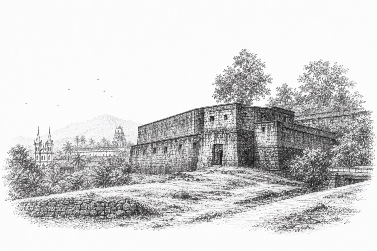 Hand-drawn pencil travel sketch for Belthangady, India