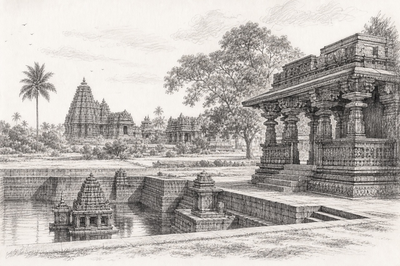 Hand-drawn pencil travel sketch for Belūr