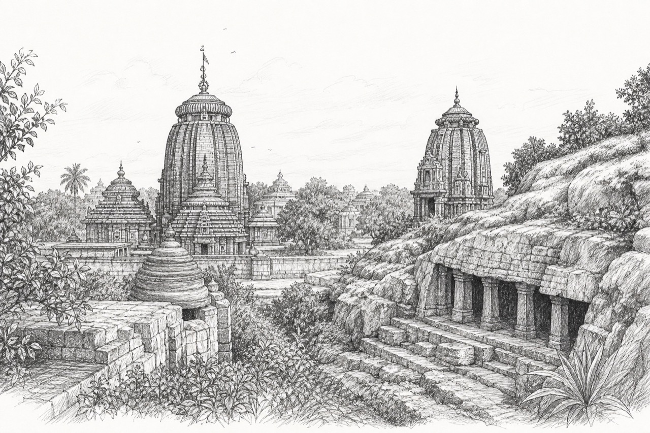 Hand-drawn pencil travel sketch for Bhubaneswar