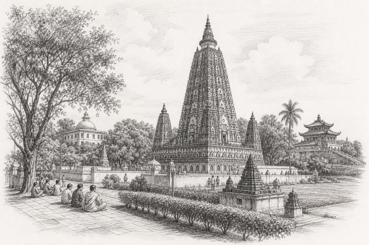 Hand-drawn pencil travel sketch for Bodh Gaya
