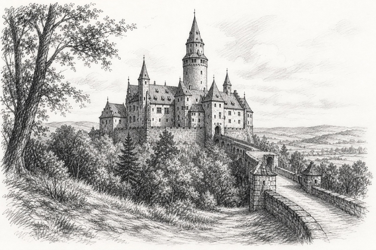 Hand-drawn pencil travel sketch for Bouzov, Czechia