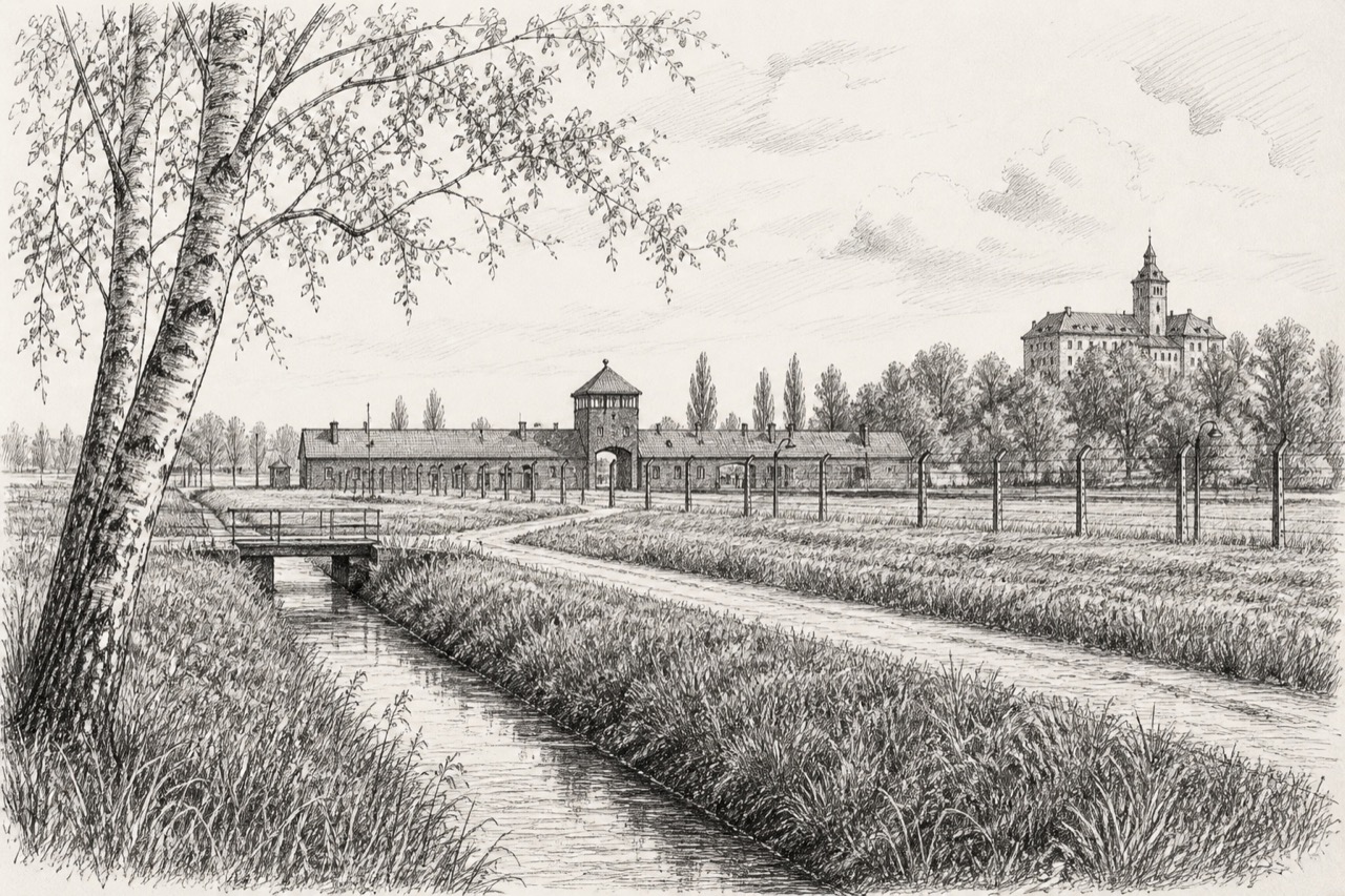 Hand-drawn pencil travel sketch for Brzezinka, Poland