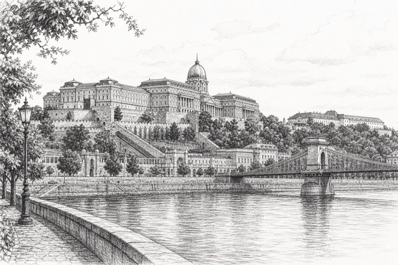 Hand-drawn pencil travel sketch for Budapest, Hungary