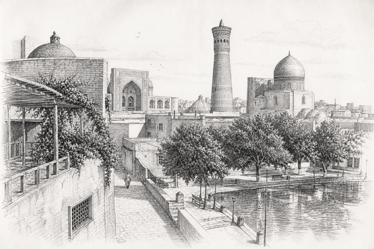 Hand-drawn pencil travel sketch for Bukhara, Uzbekistan