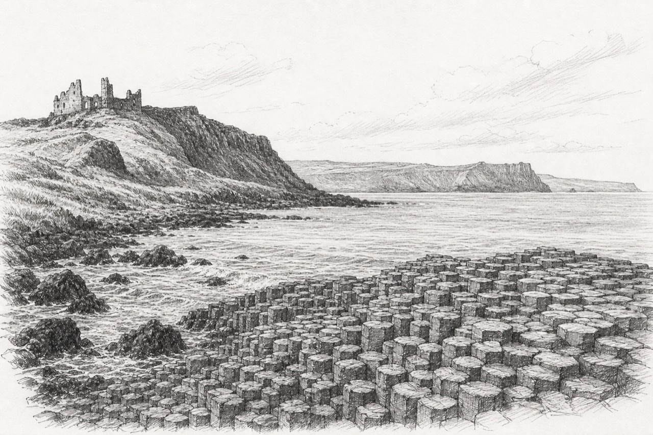 Hand-drawn pencil travel sketch for Bushmills, United Kingdom