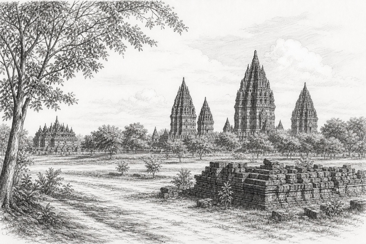 Hand-drawn pencil travel sketch for Candi Prambanan, Indonesia