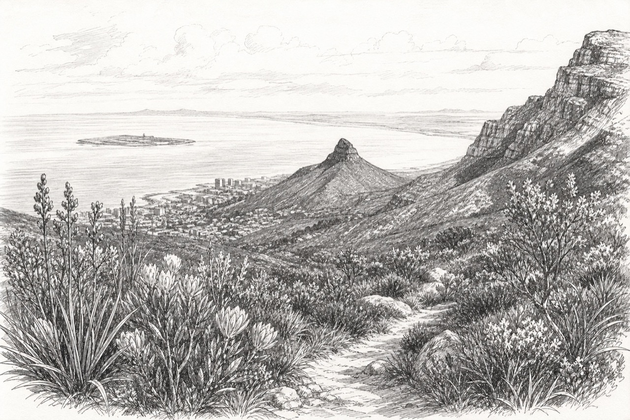 Hand-drawn pencil travel sketch for Cape Town, South Africa