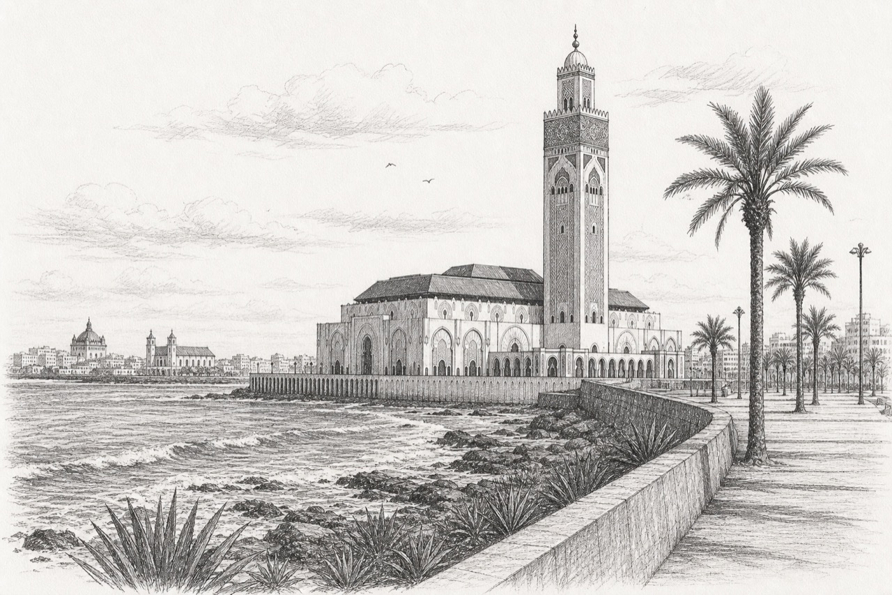 Hand-drawn pencil travel sketch for Casablanca, Morocco