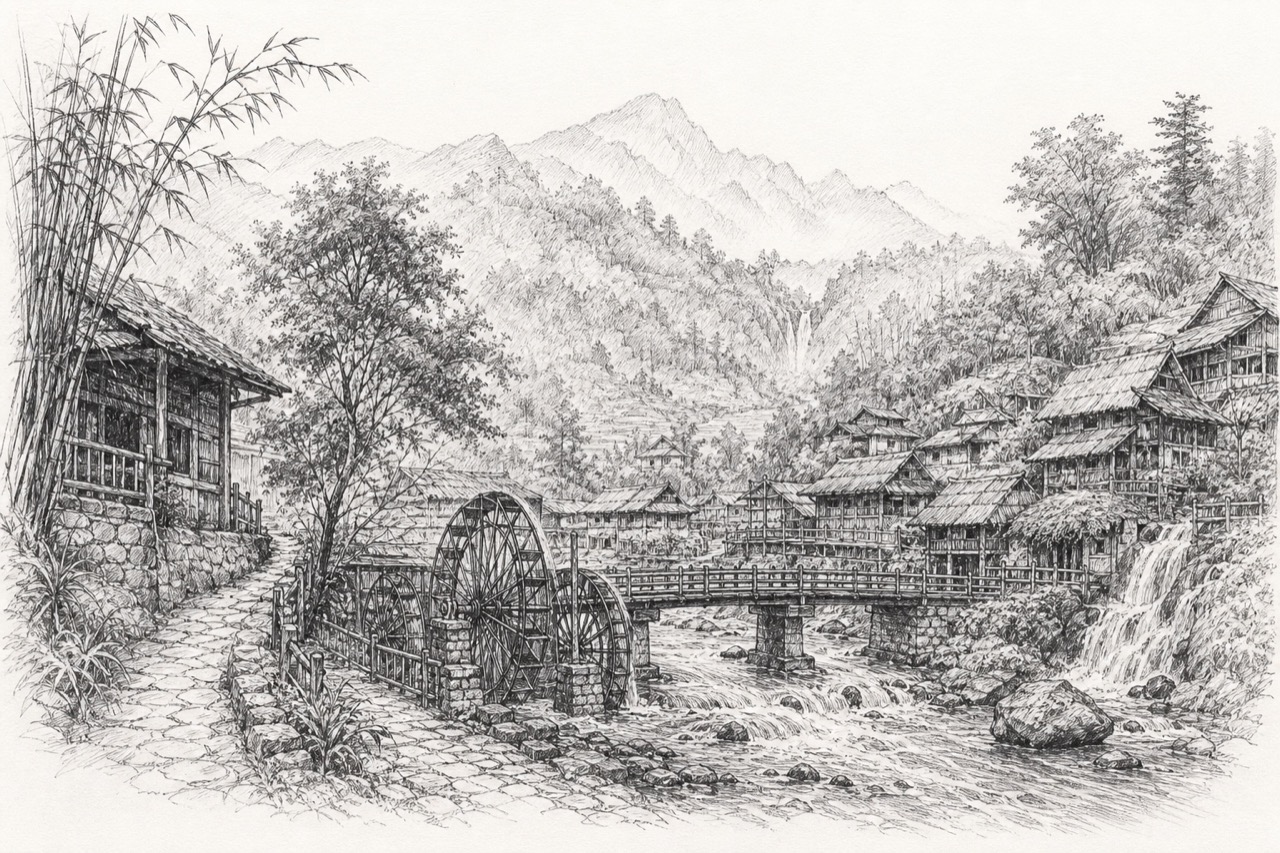 Hand-drawn pencil travel sketch for Cát Cát, Vietnam