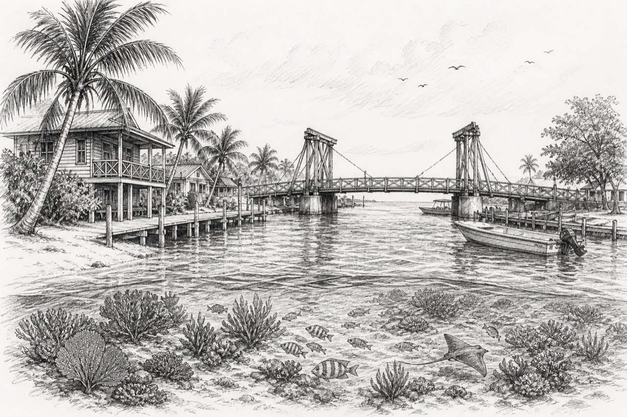Hand-drawn pencil travel sketch for Caye Caulker, Belize