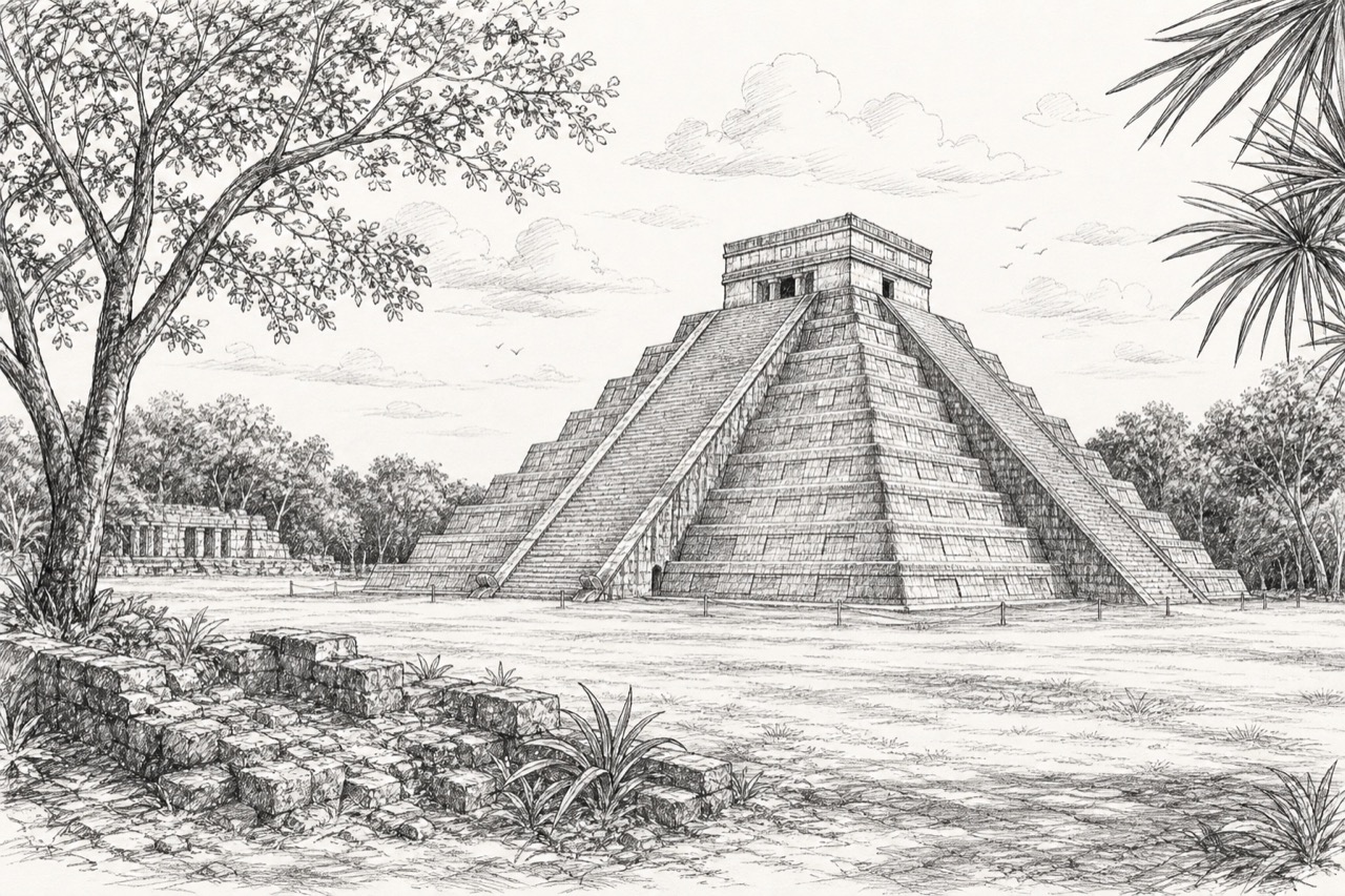 Hand-drawn pencil travel sketch for Chichén-Itzá, Mexico