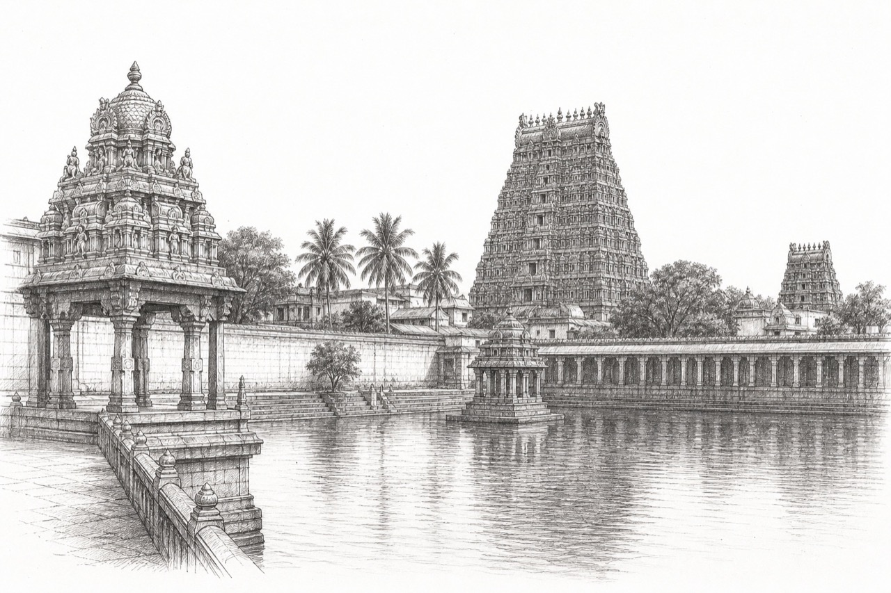 Hand-drawn pencil travel sketch for Chidambaram