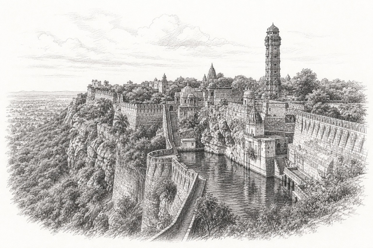 Hand-drawn pencil travel sketch for Chittorgarh