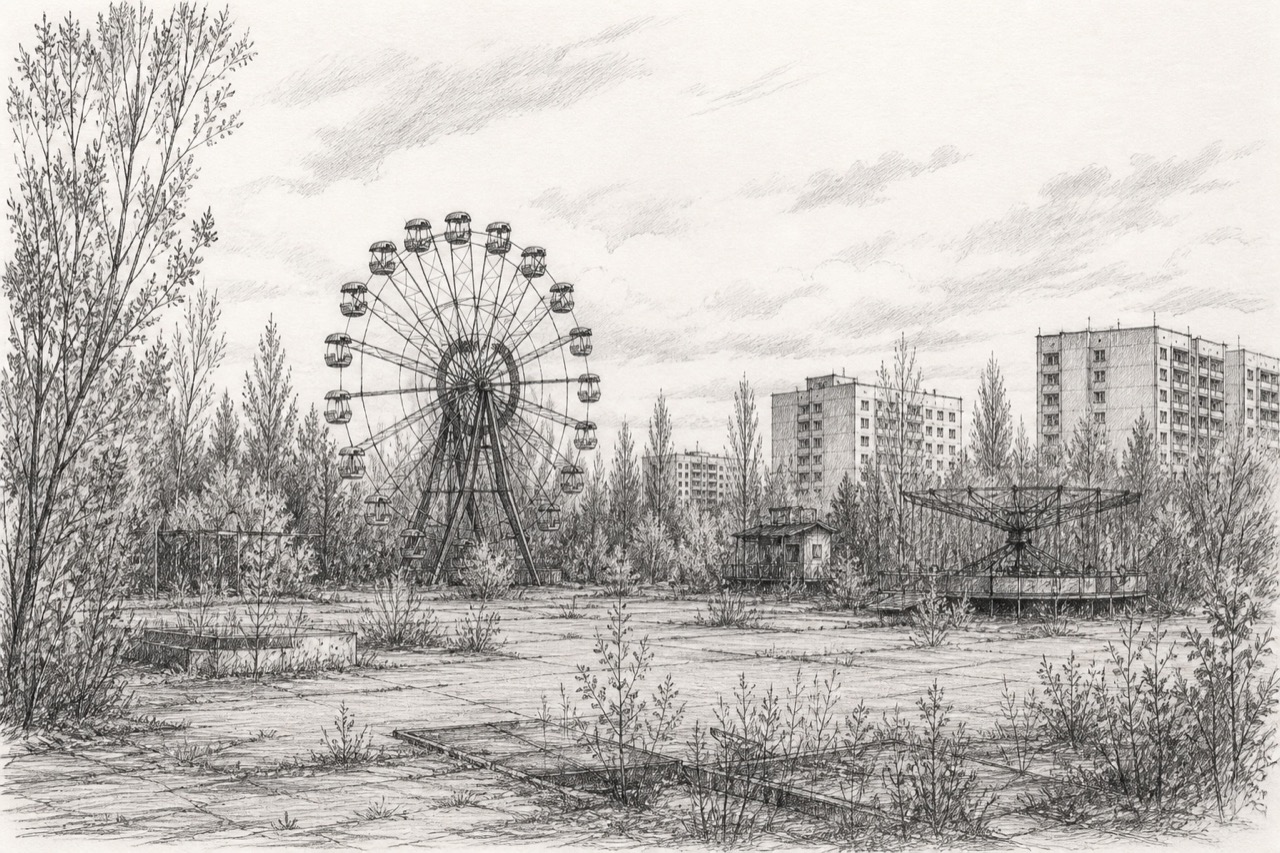 Hand-drawn pencil travel sketch for Chornobyl, Ukraine