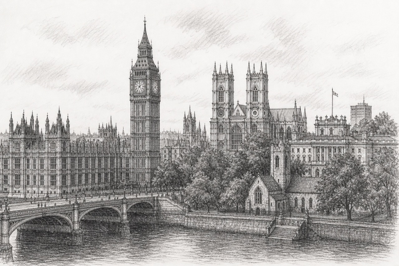Hand-drawn pencil travel sketch for City of Westminster, United Kingdom