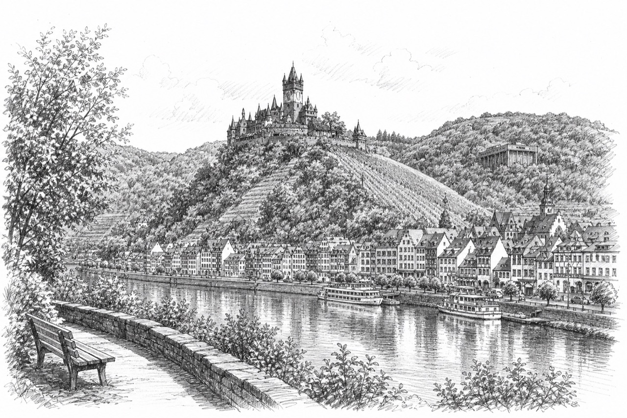 Hand-drawn pencil travel sketch for Cochem, Germany