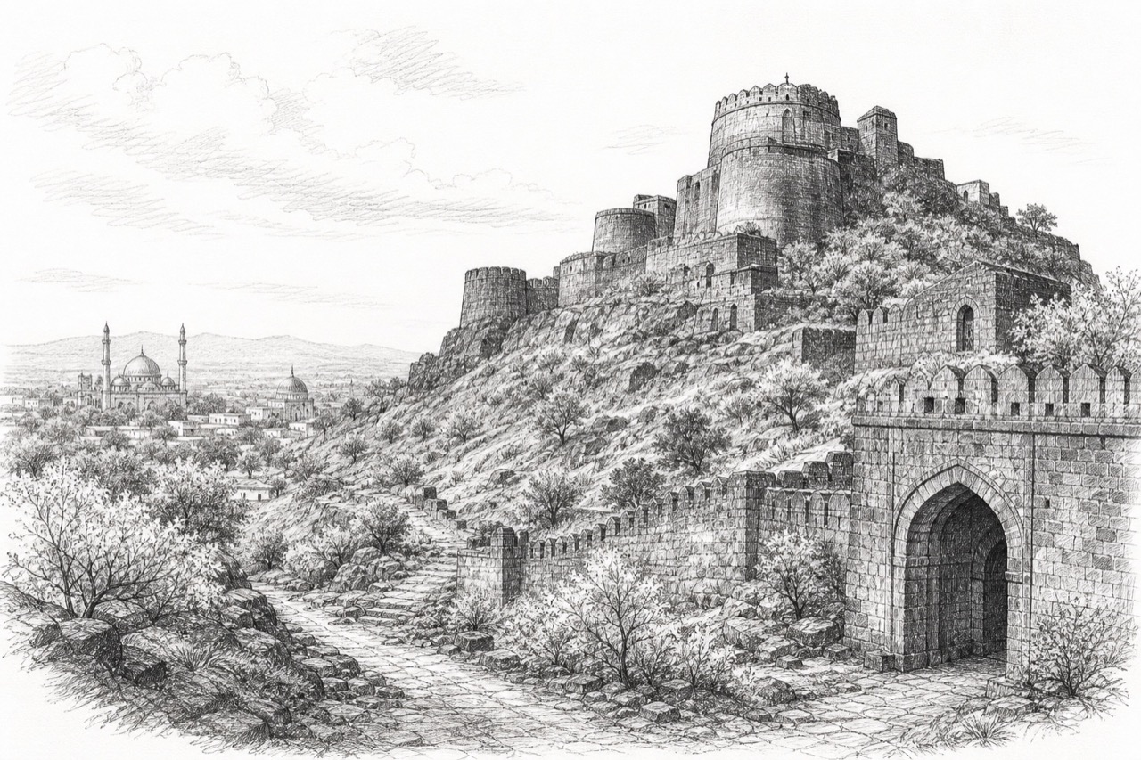Hand-drawn pencil travel sketch for Daulatābād