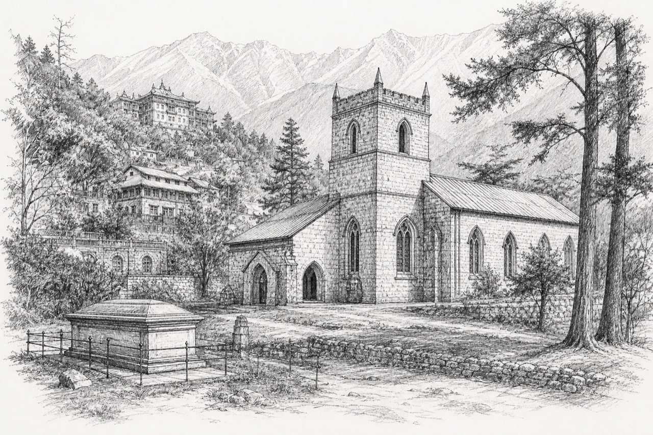 Hand-drawn pencil travel sketch for Dharamsala