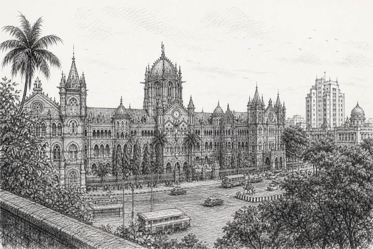 Hand-drawn pencil travel sketch for Dhārāvi