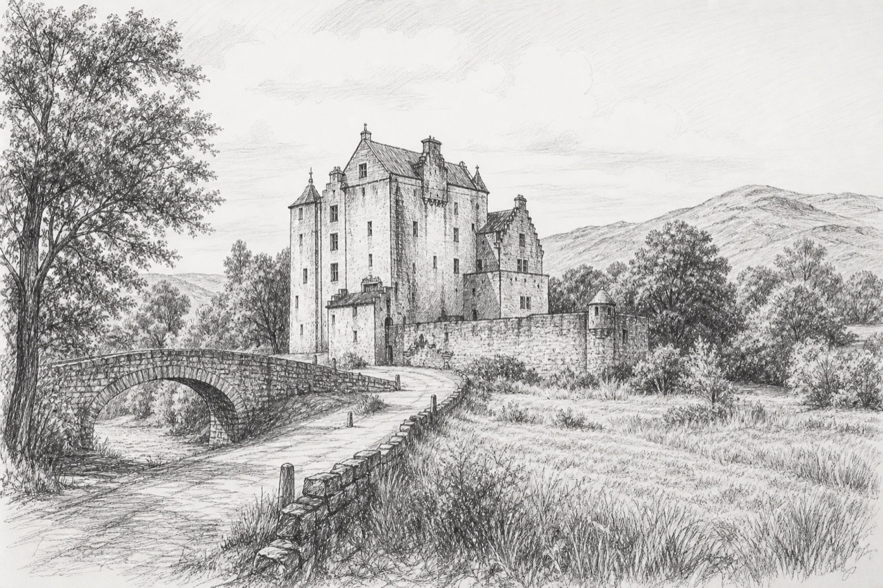 Hand-drawn pencil travel sketch for Dollar, United Kingdom