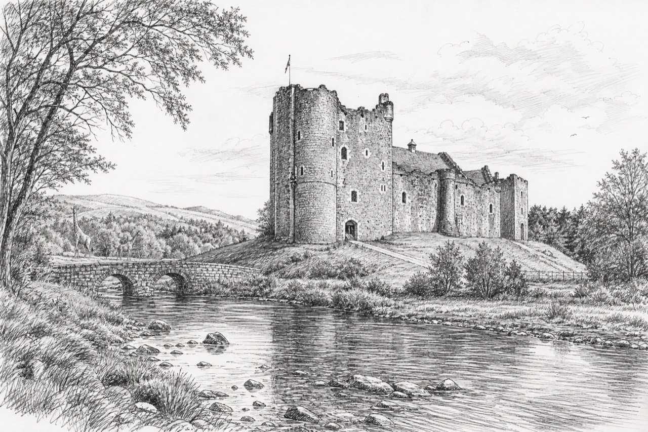 Hand-drawn pencil travel sketch for Doune, United Kingdom