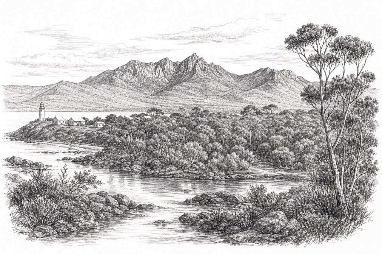 Hand-drawn pencil travel sketch for Dover, Australia