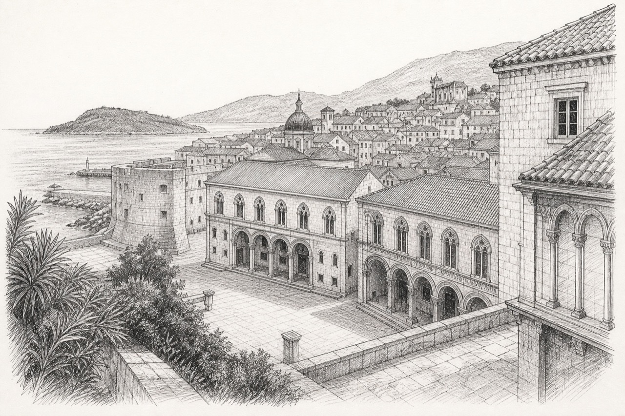 Hand-drawn pencil travel sketch for Dubrovnik, Croatia
