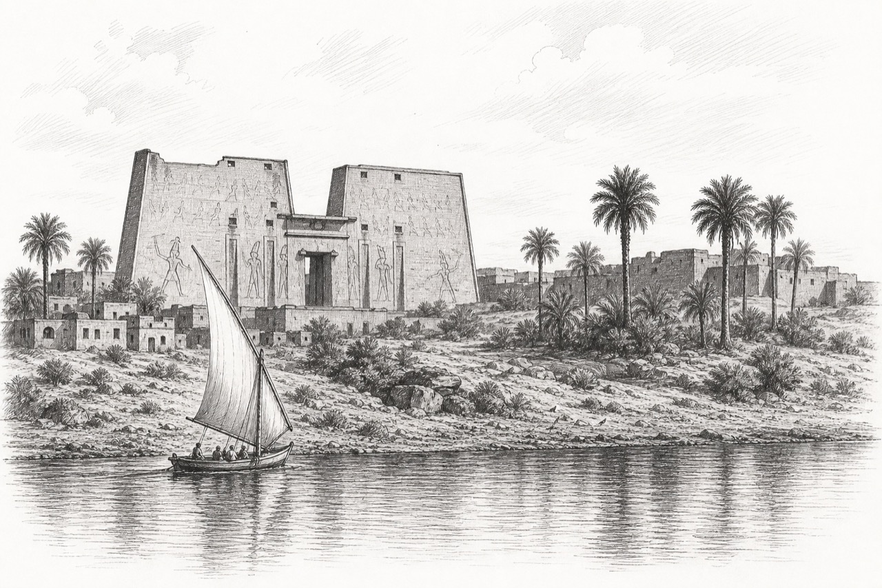 Hand-drawn pencil travel sketch for Edfu, Egypt