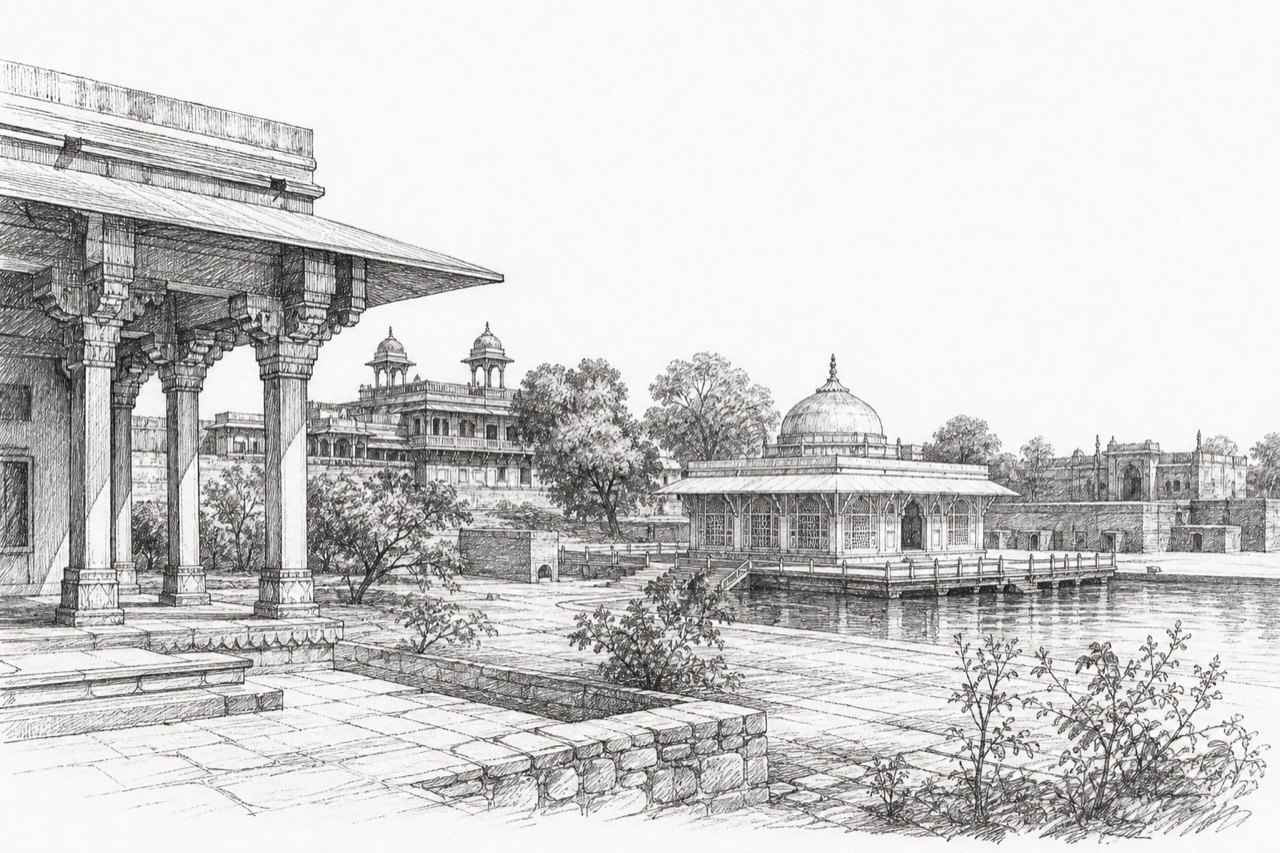 Hand-drawn pencil travel sketch for Fatehpur Sīkri