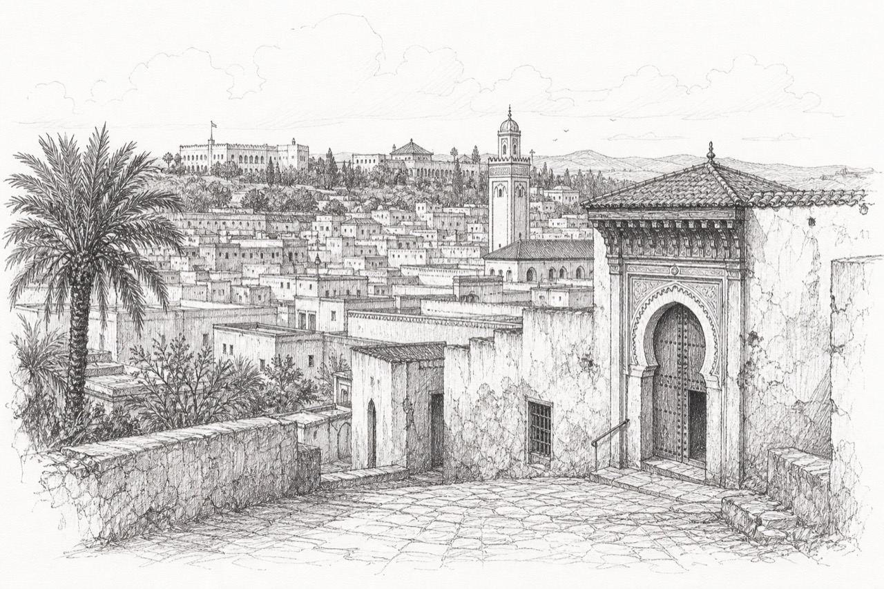 Hand-drawn pencil travel sketch for Fès al Bali, Morocco