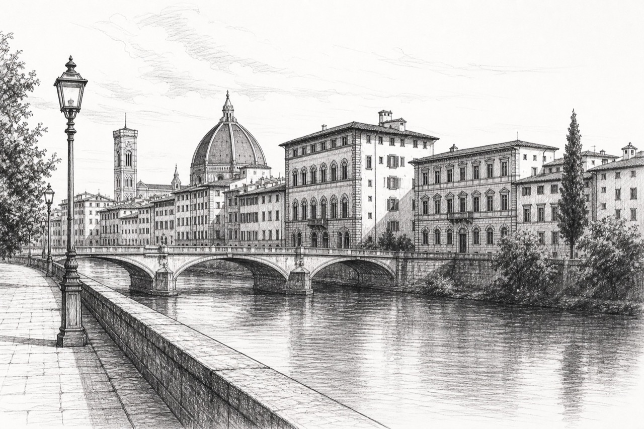 Hand-drawn pencil travel sketch for Florence, Italy