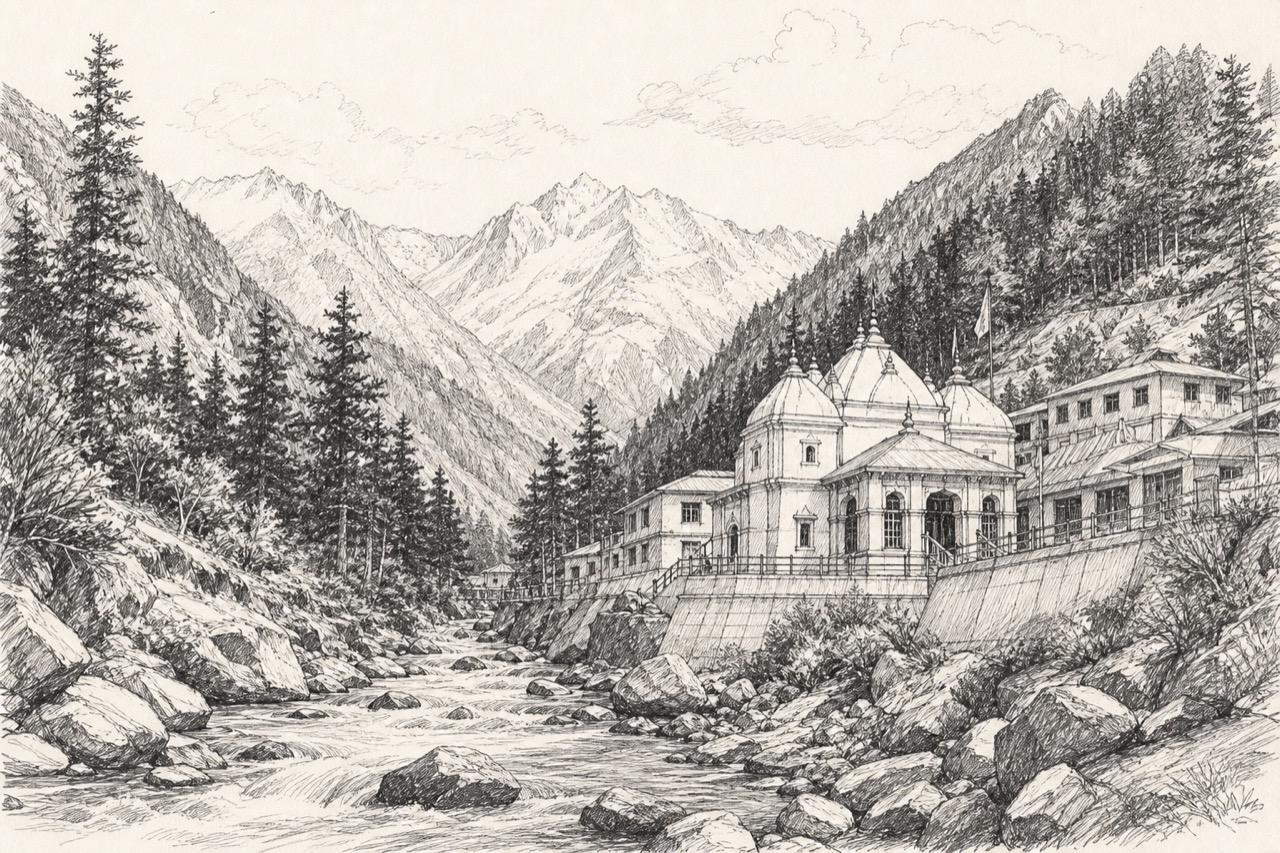 Hand-drawn pencil travel sketch for Gangotri