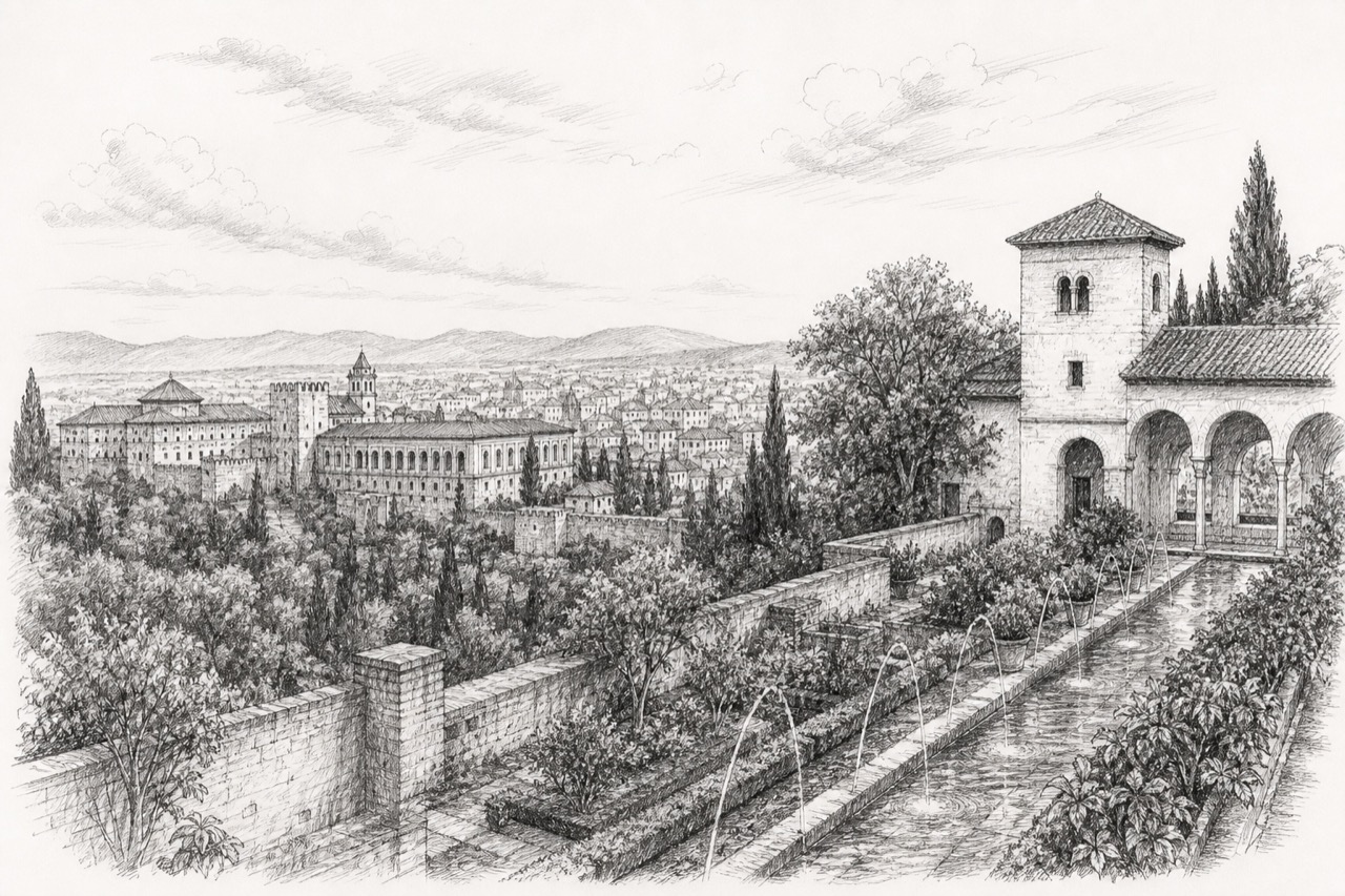 Hand-drawn pencil travel sketch for Granada, Spain