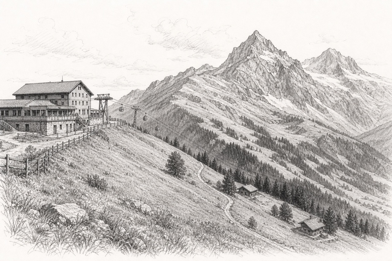 Hand-drawn pencil travel sketch for Grindelwald, Switzerland