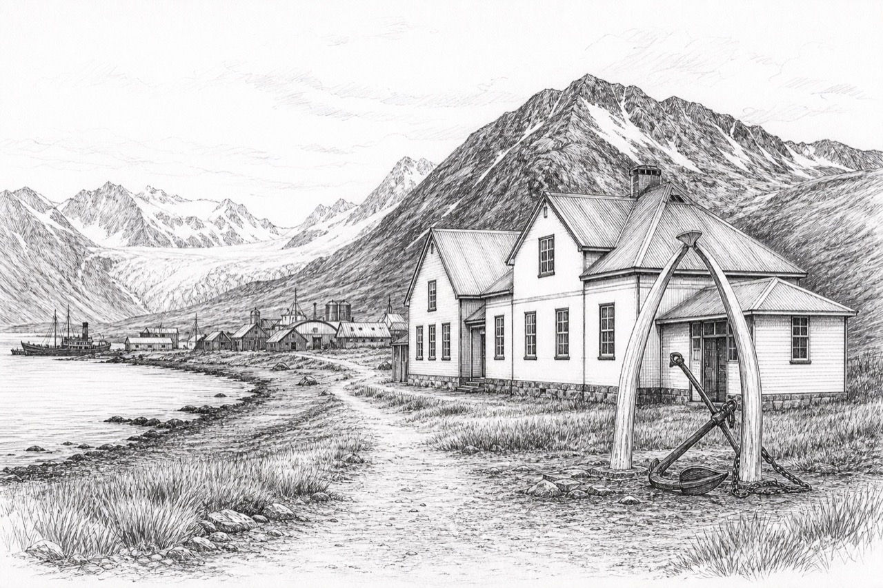 Hand-drawn pencil travel sketch for Grytviken, South Georgia & South Sandwich Islands
