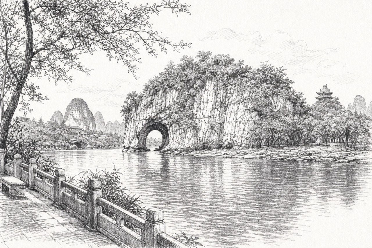 Hand-drawn pencil travel sketch for Guilin, China