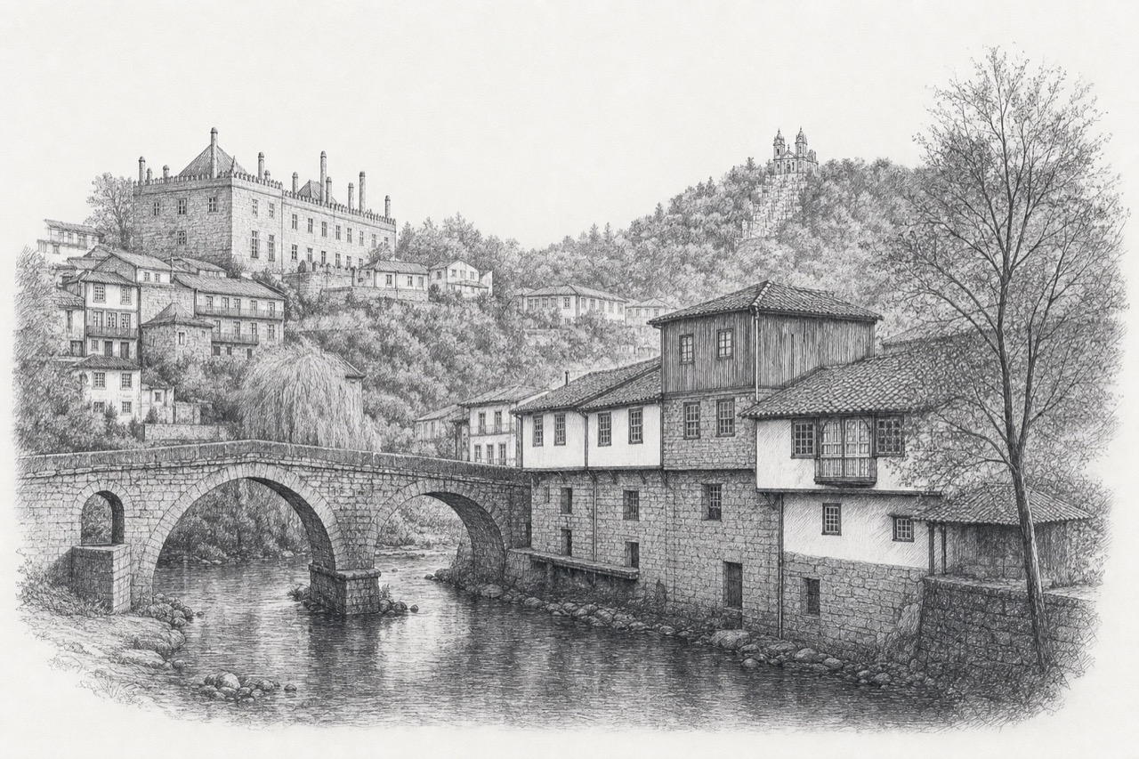 Hand-drawn pencil travel sketch for Guimarães, Portugal