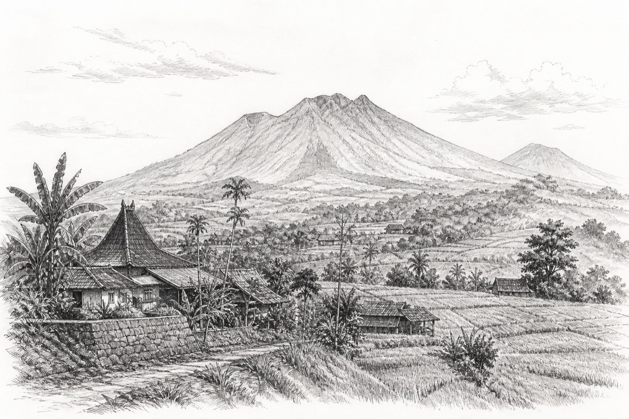 Hand-drawn pencil travel sketch for Gunung Kendil, Indonesia