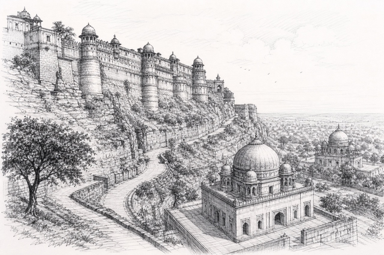 Hand-drawn pencil travel sketch for Gwalior
