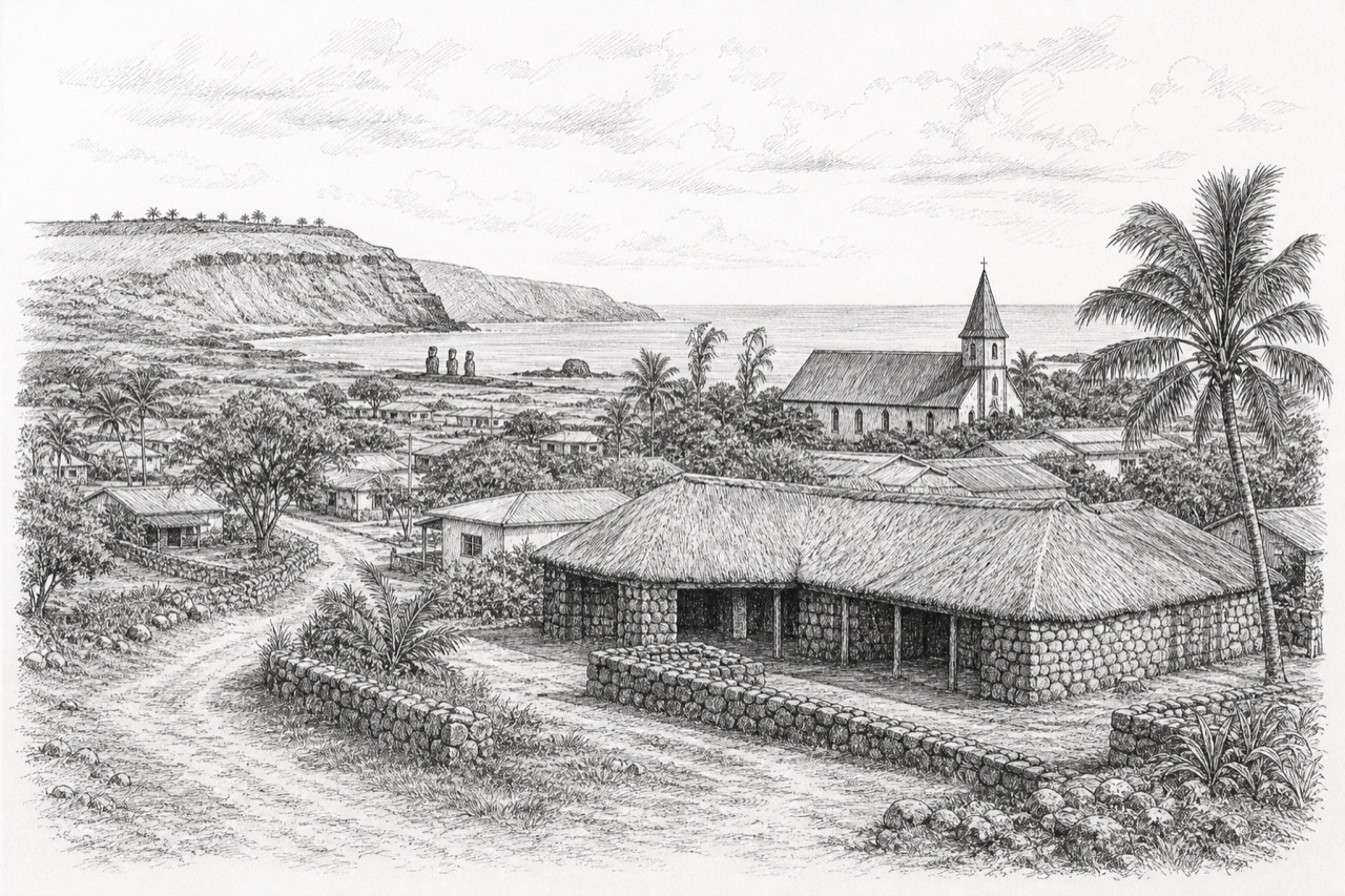 Hand-drawn pencil travel sketch for Hanga Roa, Chile
