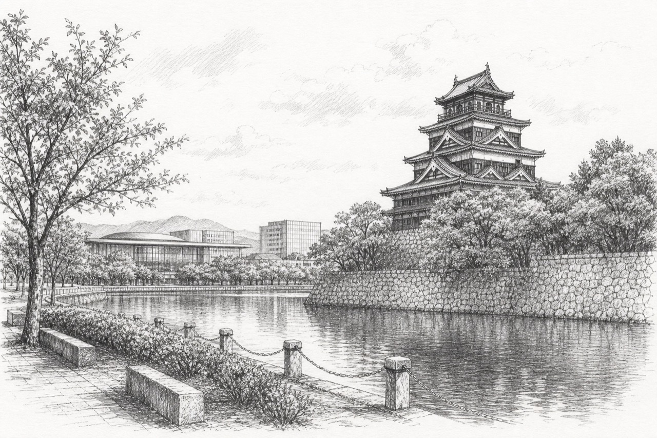 Hand-drawn pencil travel sketch for Hiroshima, Japan
