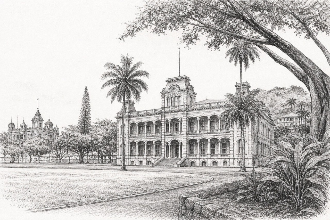 Hand-drawn pencil travel sketch for Honolulu, United States