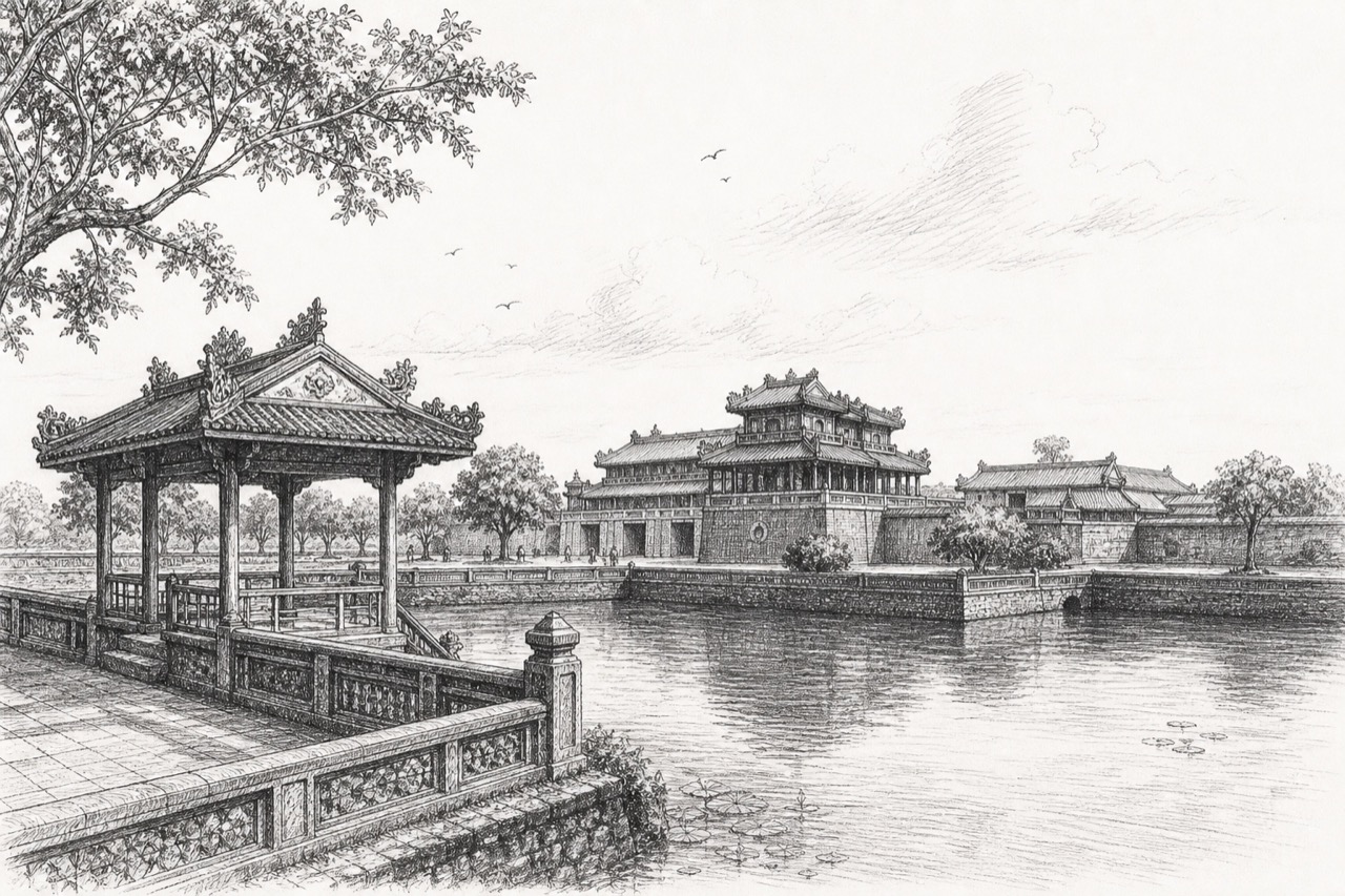 Hand-drawn pencil travel sketch for Huế, Vietnam