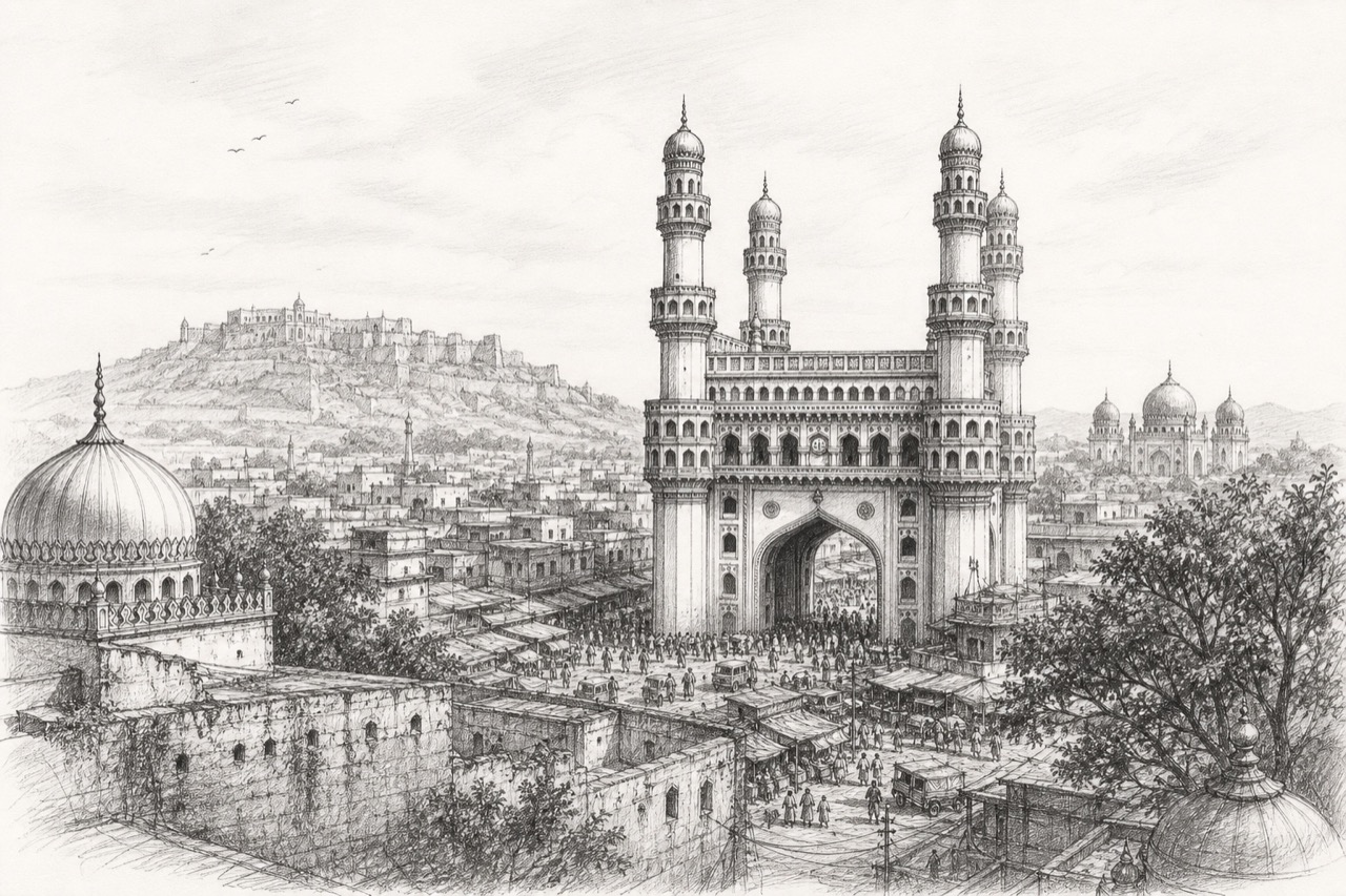 Hand-drawn pencil travel sketch for Hyderabad